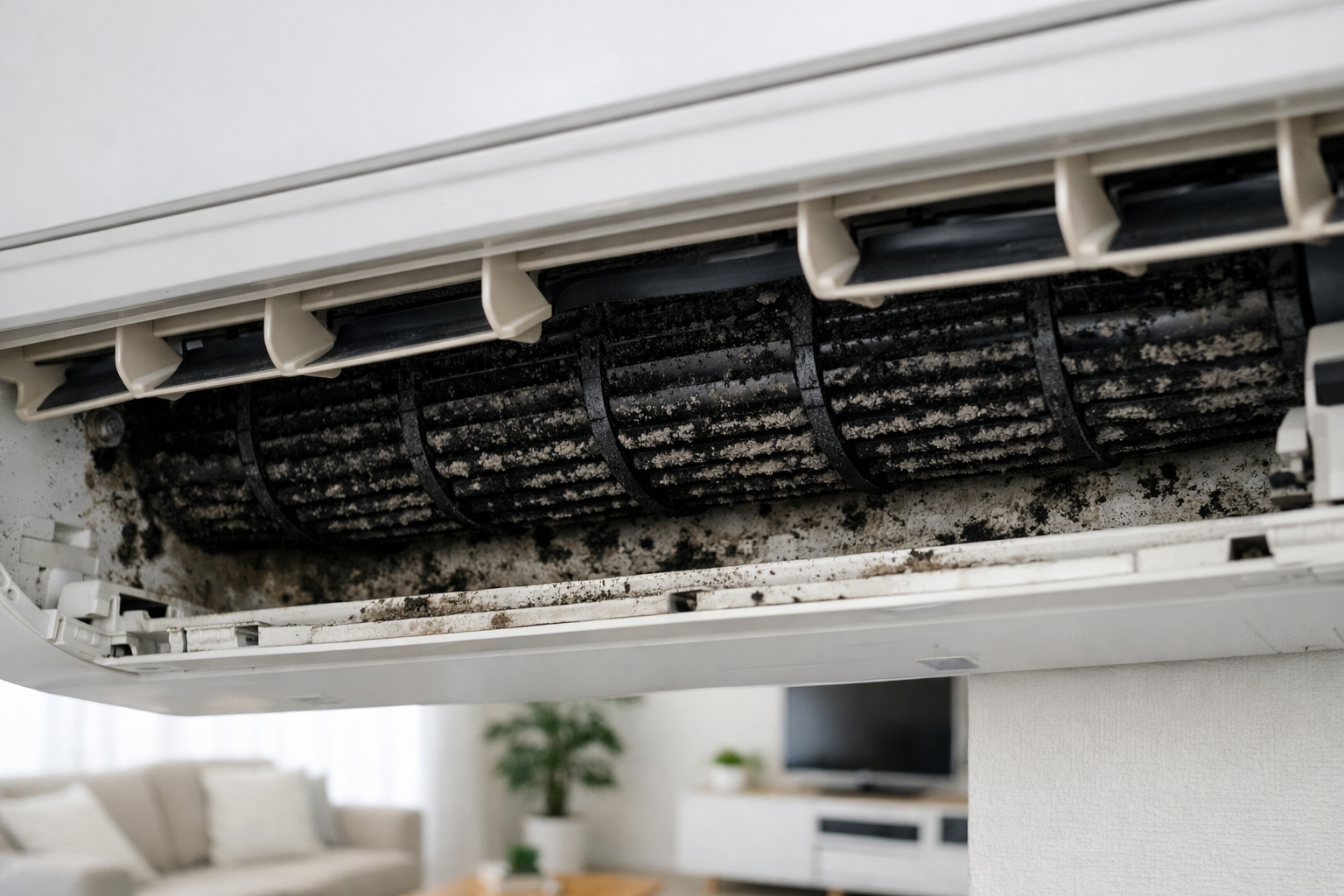 お掃除機能付きエアコンの掃除、カビやホコリで汚れている内部写真
